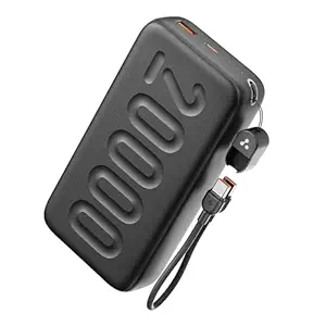 Ambrane 20000mAh Powerbank with in-Build Type C Cable, 22.5W Fast Charging, USB & Type C Output, Power Delivery, Quick Charge for iPhone, Android Mobile & Tablets, Earbuds, (Stylo N20, Black)